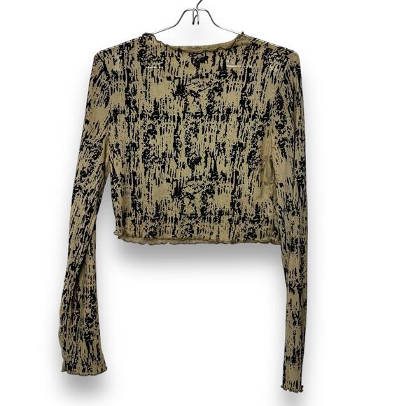 Shein Size Medium Tan Black Cropped Mesh Long Sleeve Top Lettuce Edges Grunge - Picture 1 of 6